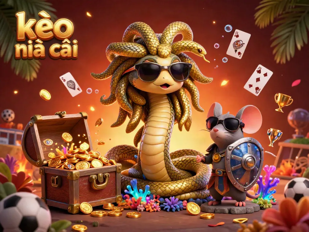 Engaging scene of kèo nhà cái with a friendly Medusa and warrior mouse among sports betting elements, exuding a vibrant gambling atmosphere.