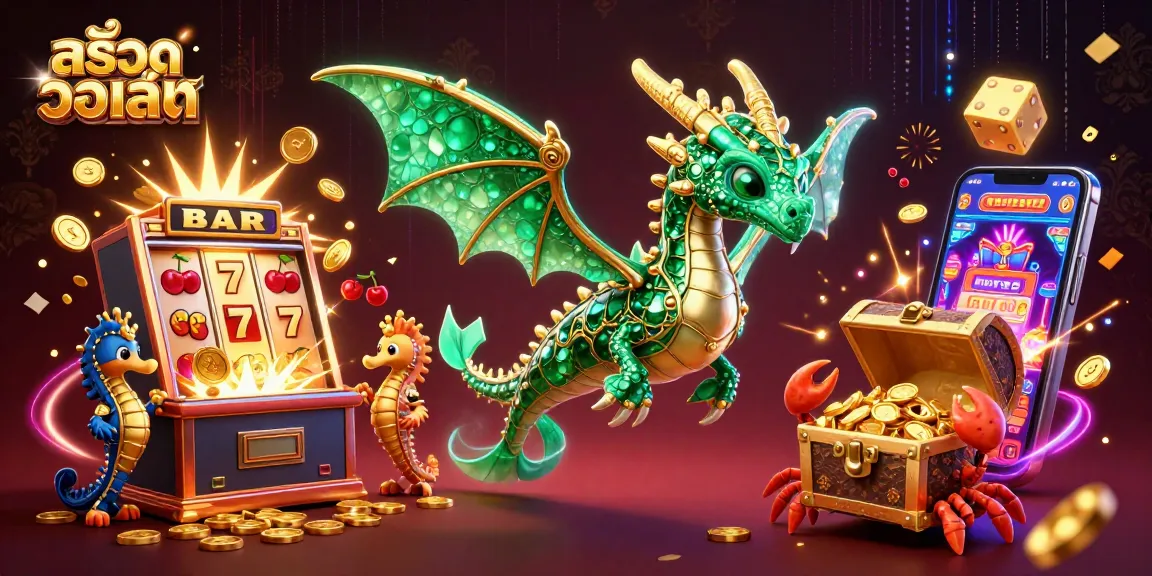 ภาพประกอบ 3D สล็อตวอเลท ที่แสดงถึงมังกรทะเลและเครื่องสล็อตที่ระเบิดเงินรางวัล