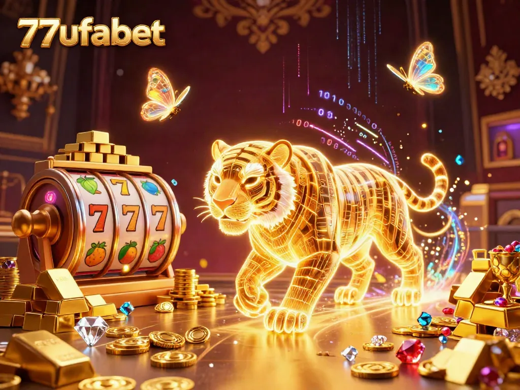 Spin the reels with excitement at 77ufabet, showcasing a dazzling digital casino scene filled with treasures.