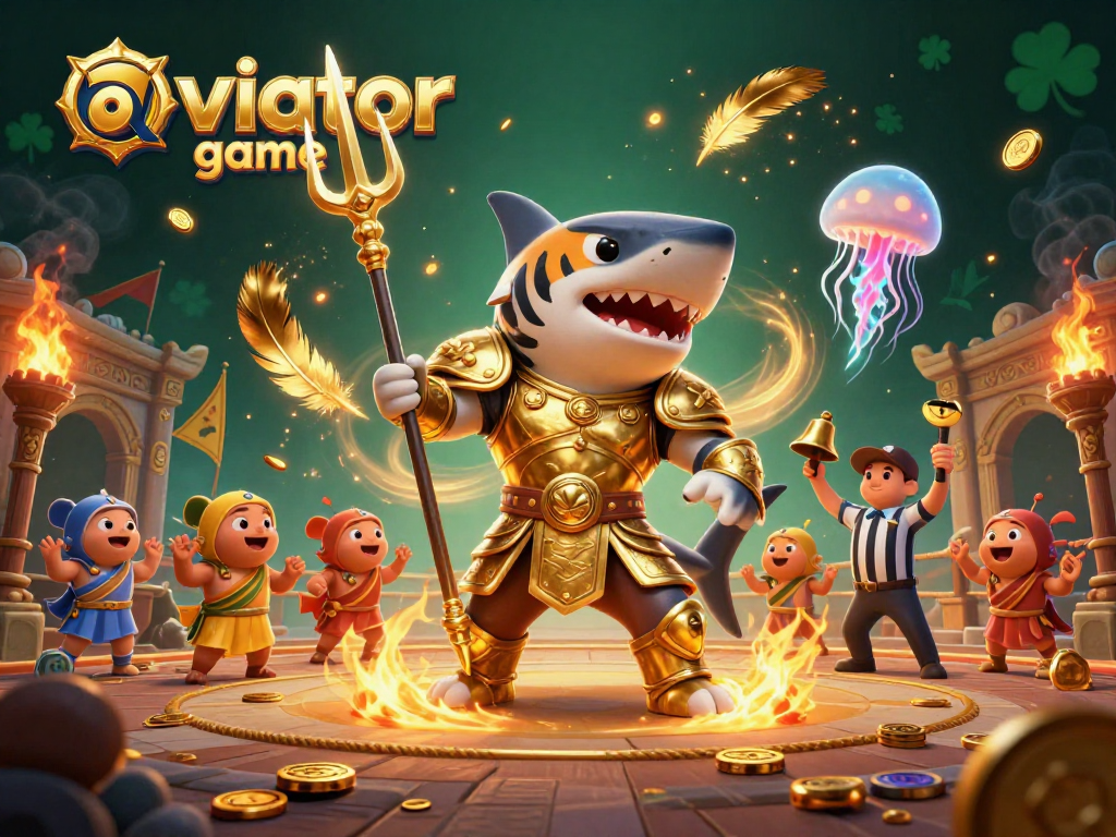 Engage in the thrilling aviator game with a vibrant underwater scene featuring a golden gladiator shark.