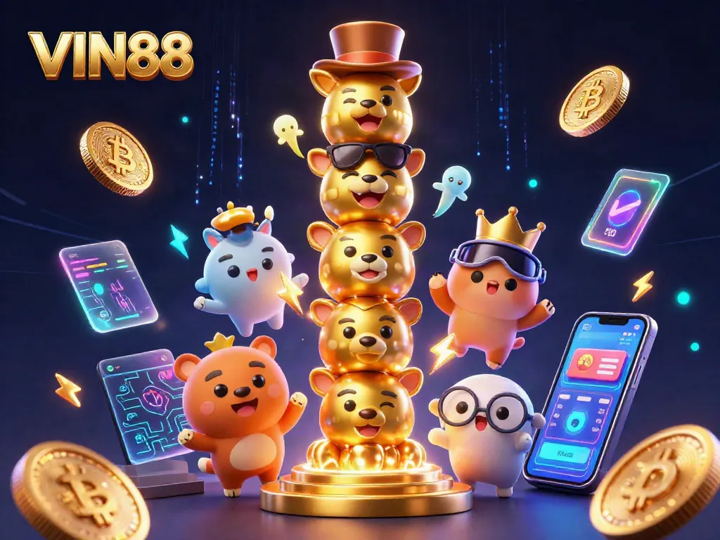 Spin the reels at VIN88 with vibrant animated characters and cryptocurrency elements in a dynamic casino setting.