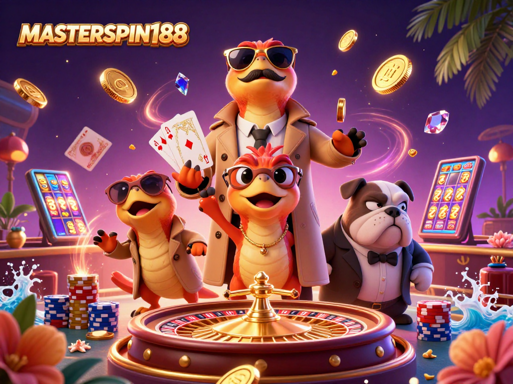 MASTERSPIN188 showcases raptors in a trench coat entering a casino lounge amidst sparkling gems and coins.