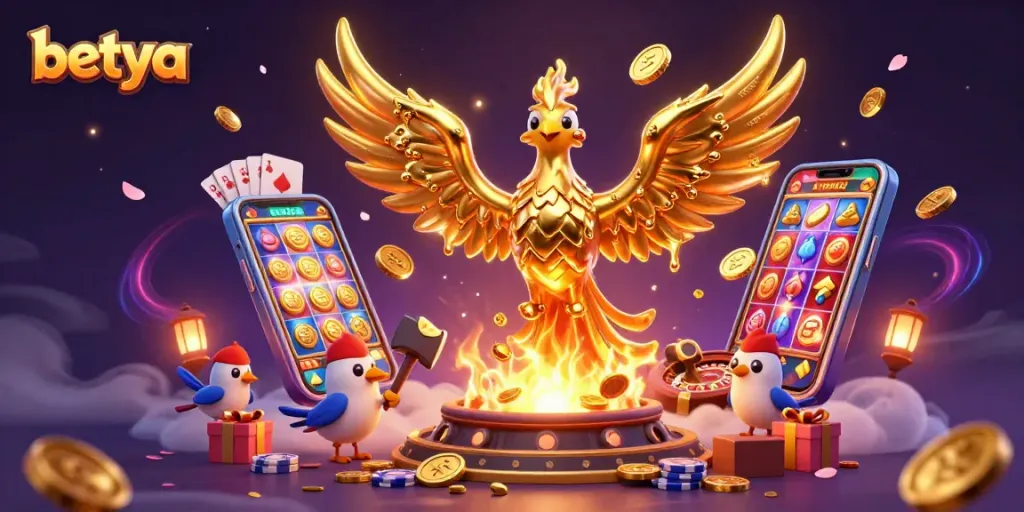 Experience the thrills at Betya Casino with a golden phoenix among vibrant gaming elements.