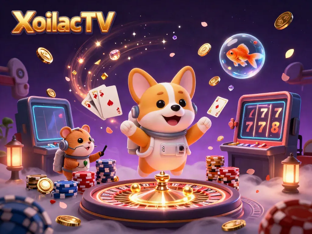 XoilacTV features a vibrant 3D casino scene with a whimsical astronaut corgi amidst floating poker chips and coins.