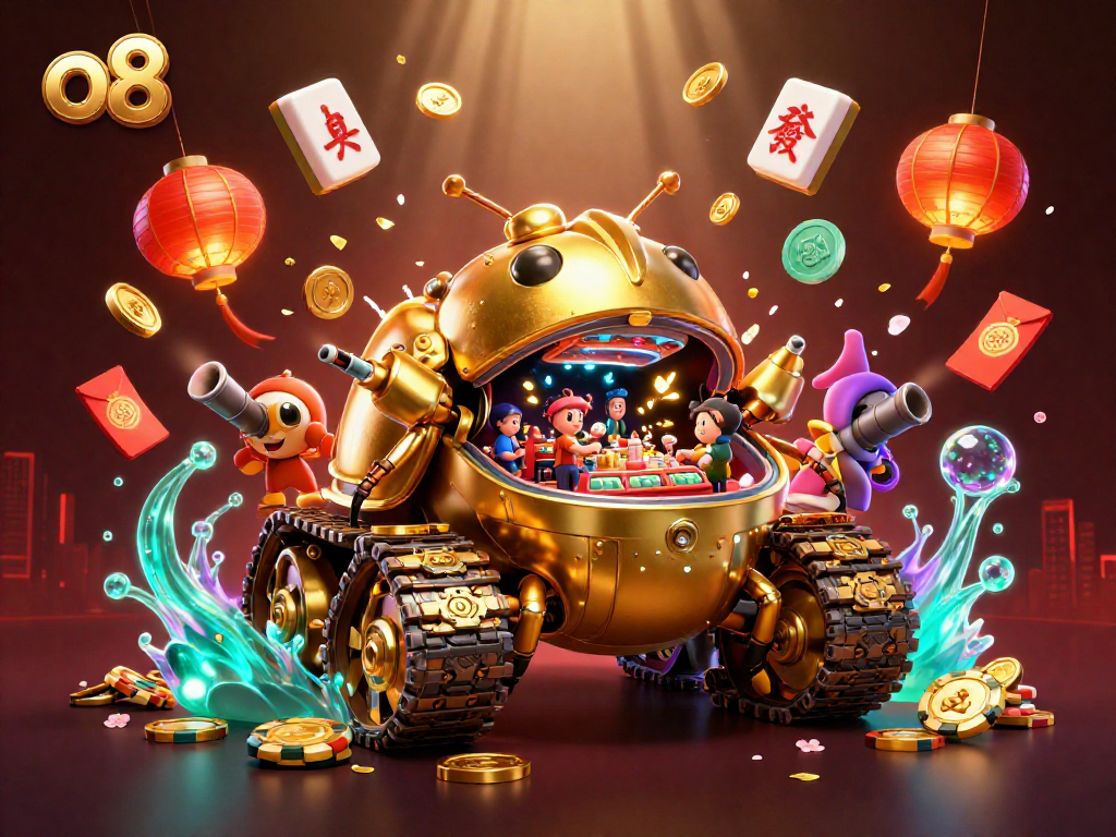 Experience the thrill of o8 with a vibrant 3D casino scene showcasing a unique golden beetle tank.