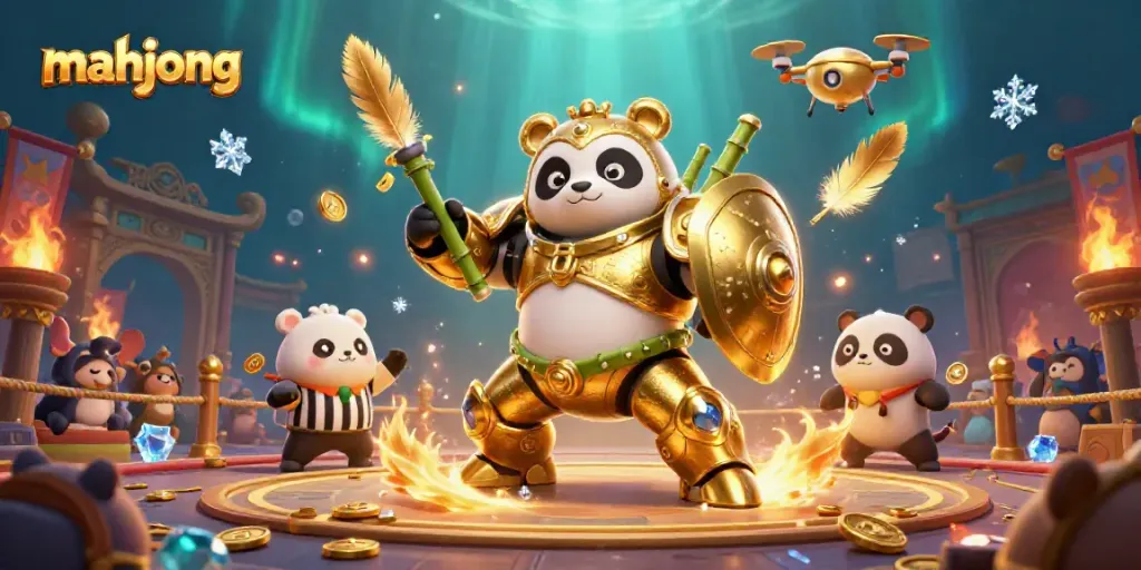Pemain mahjong bersaing di arena dengan penonton hewan, dikelilingi efek api dan atmosfer.