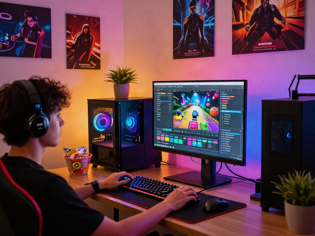 Gaming setup highlighting situs togel engagement, featuring player and vibrant tech environment.