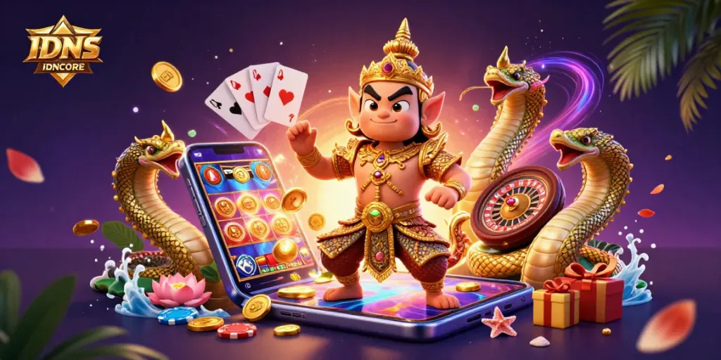 Experience the excitement of IDNSCORE's gaming world with dynamic 3D visuals of slots, coins, and cards.