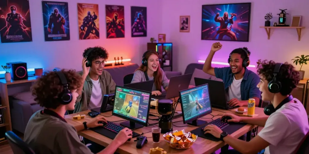 Menang66 - kelompok teman bermain game online dengan suasana ceria di ruang tamu.