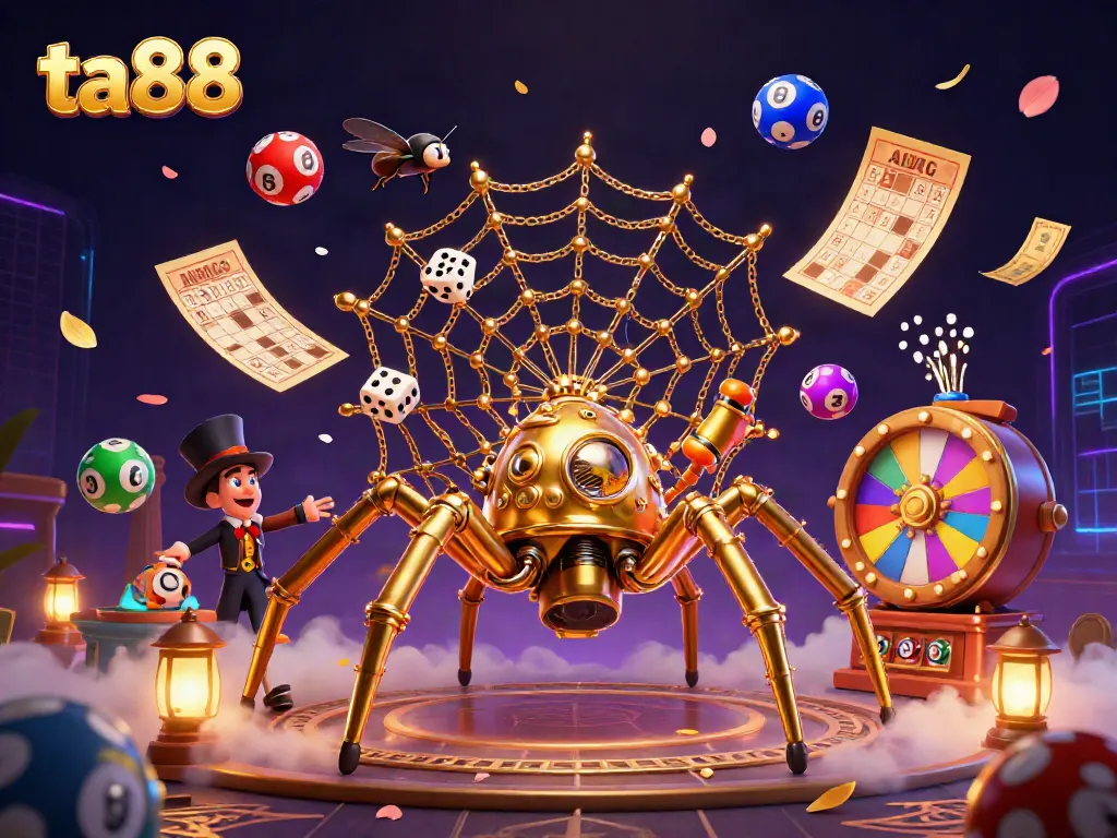 Experience ta88 thrills with a steampunk spider, dynamic lottery balls, and casino elements!