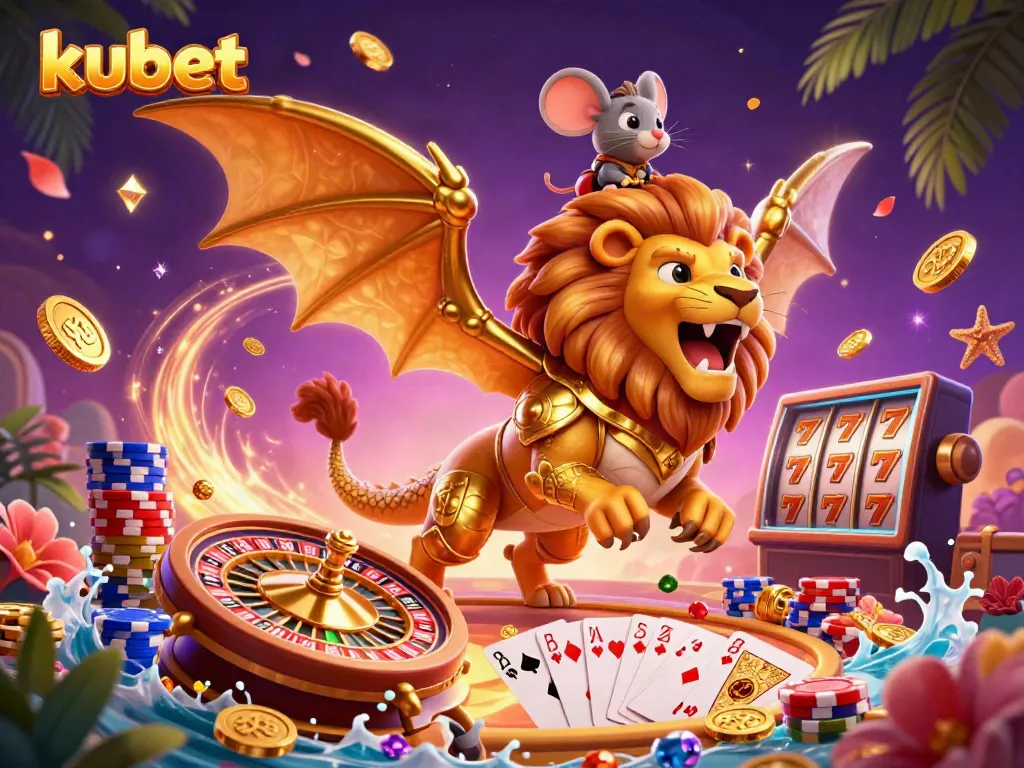 Kubet-themed 3D illustration featuring a roaring chimera with casino elements like roulette and poker chips.