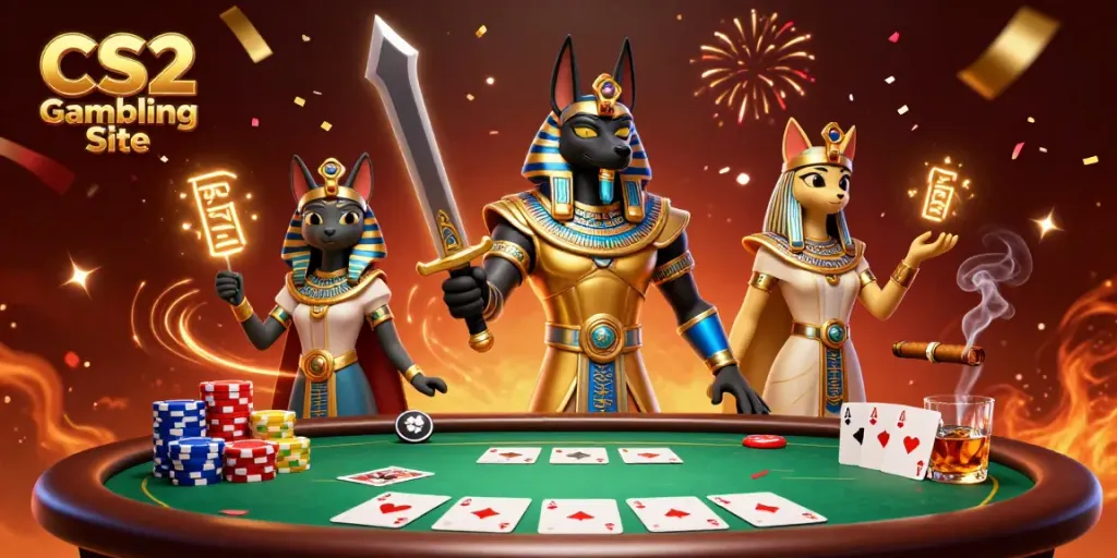 Experience thrilling action at a CS2 Gambling Site, featuring Anubis and Bastet in a vibrant casino setting.