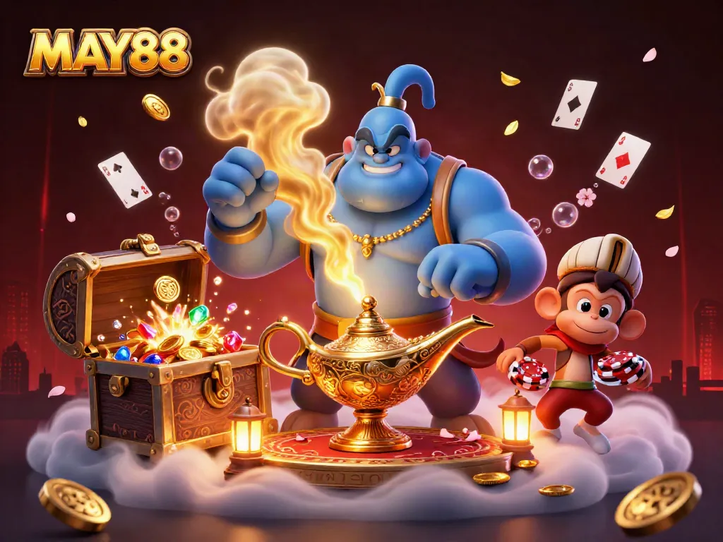 MAY88 Genie bursting from lamp surrounded by treasure and poker elements in a magical casino scene.