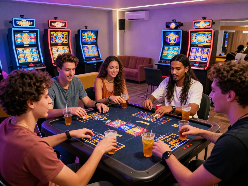 Exciting bandar slot gaming scene with friends enjoying a vibrant atmosphere, showcasing colorful graphics and social interaction.