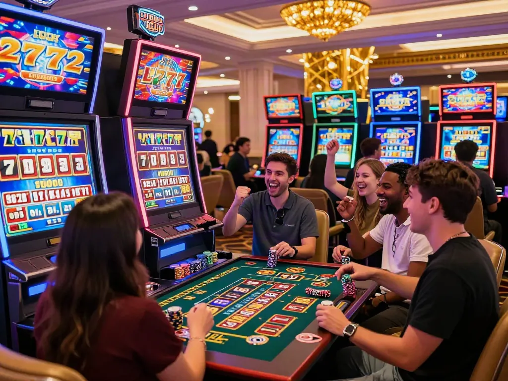 Players enjoying the Lucky777 slot machine with celebration and excitement in a modern casino.