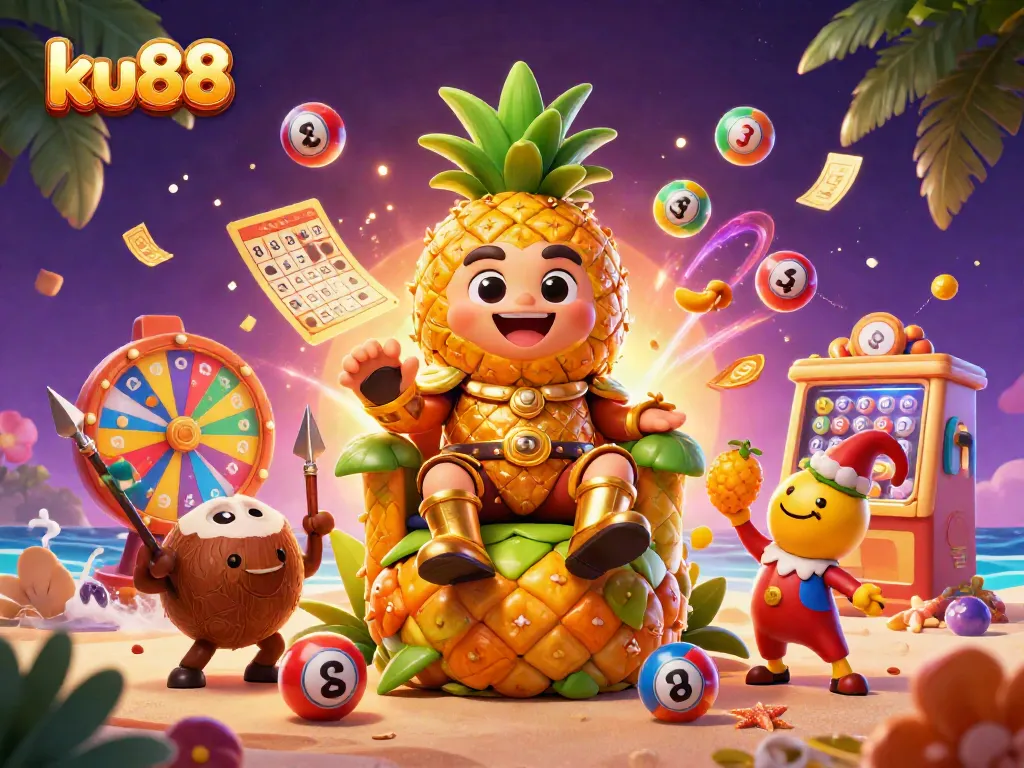 Win exciting prizes in ku88's vibrant casino scene with a golden pineapple king and lively characters.