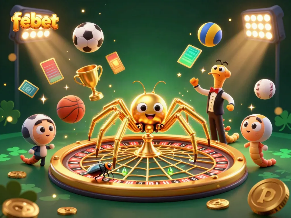 Experience action-packed betting with febet at a digital casino featuring vibrant sports balls and a roulette-themed web.