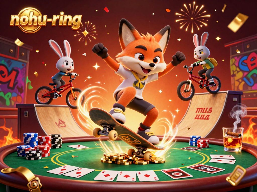 Nohu-ring showcases a vibrant casino scene with a fox and rabbit performing tricks over golden poker chips.