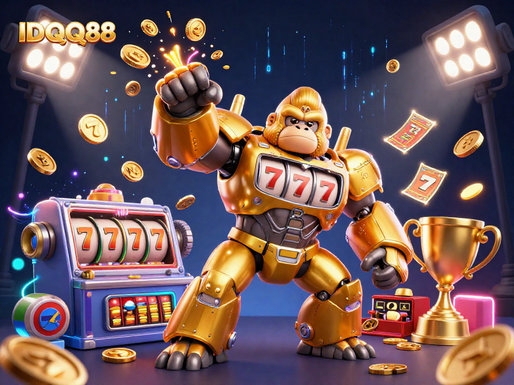 IDQQ88 showcases a thrilling 3D gorilla mech celebrating a jackpot, highlighted by slot reels and coins.
