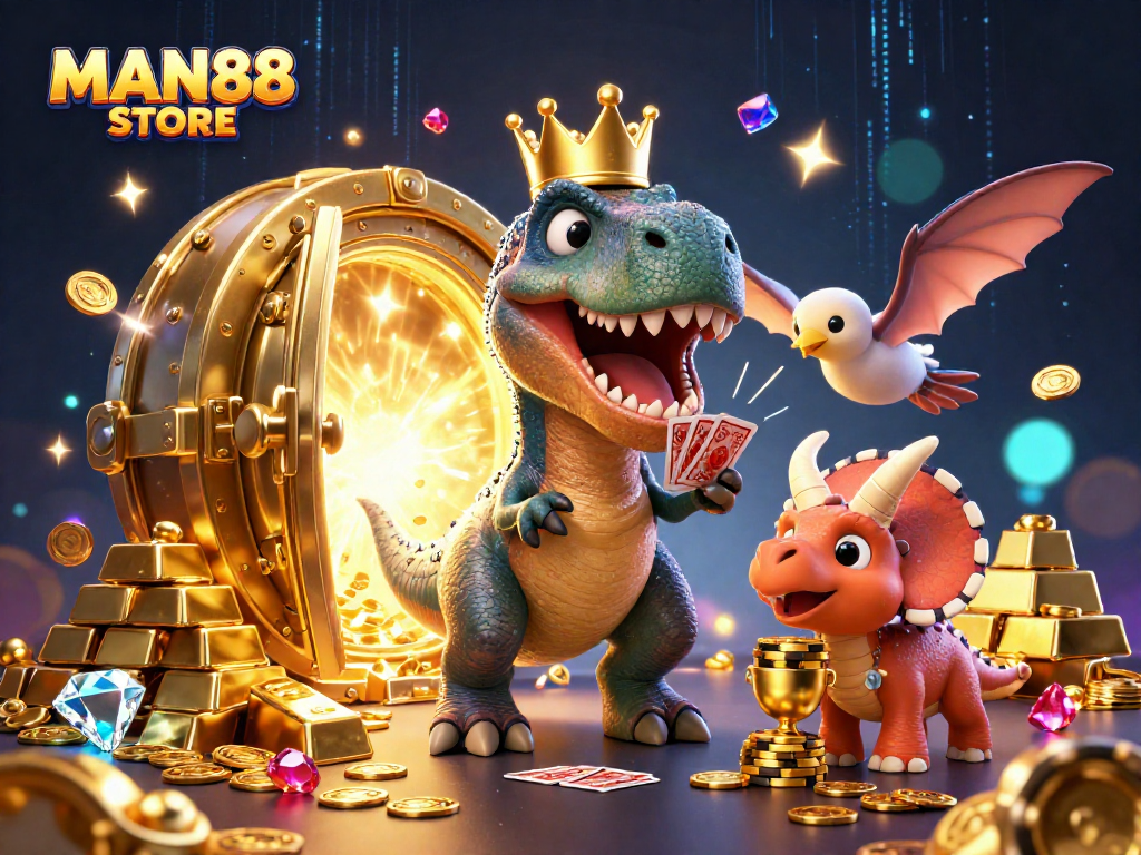 Engage in thrilling gaming at MAN88 STORE with cartoon dinosaurs enjoying cards and chips, vibrant casino elements.