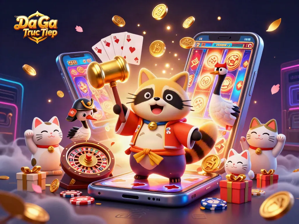 Play Da Ga Truc Tiep with a cheerful tanuki in an energetic casino scene full of colorful game elements.