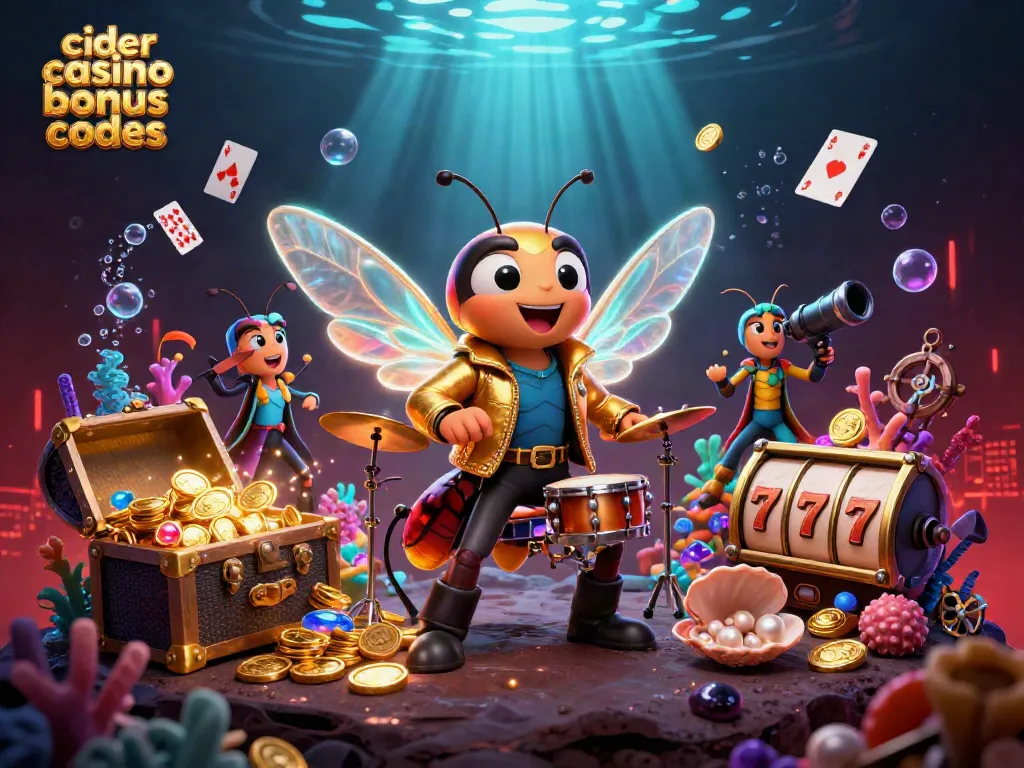 Cider Casino bonus codes featuring a vibrant 3D cartoon scene with a rock star cicada and vibrant slot reels.