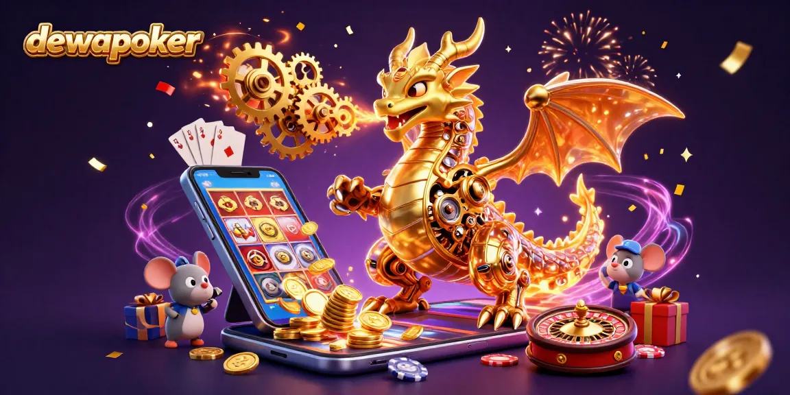 Play exciting games with dewapoker, where a golden dragon breathes gears amidst dazzling casino elements.