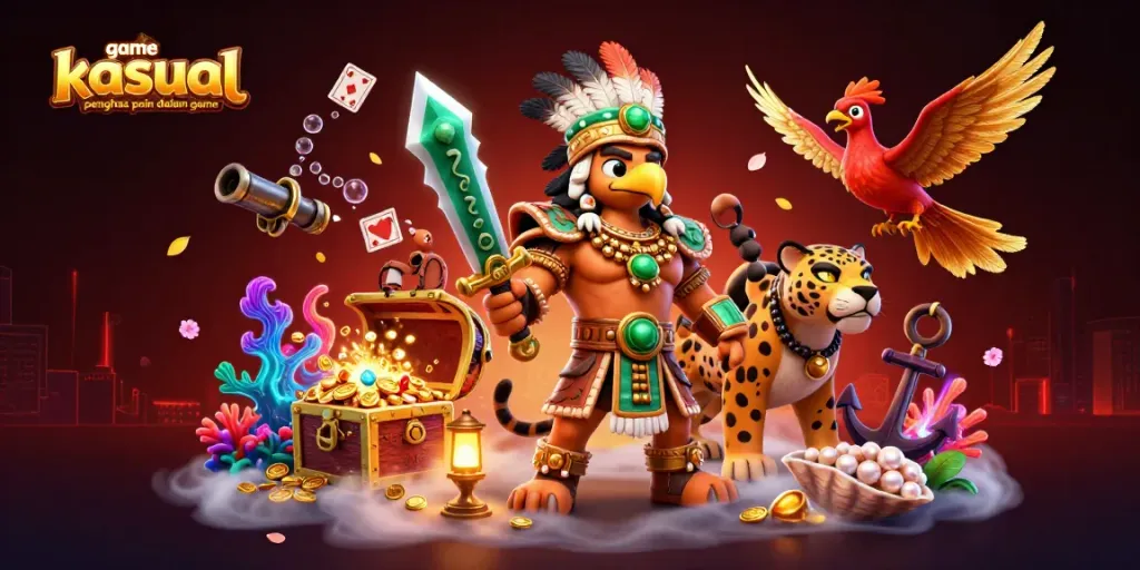 Mainkan game kasual penghasil poin dalam game dengan karakter Aztec dalam suasana ceria dan dinamis.