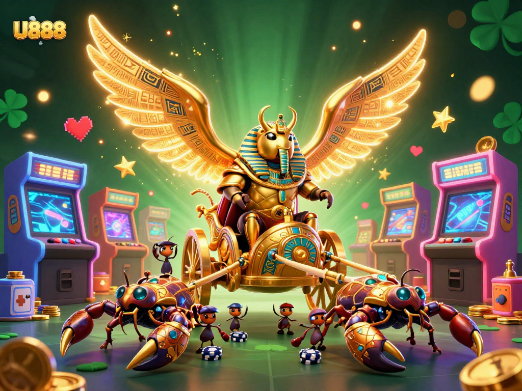 Experience U888's thrilling casino ambiance with vibrant characters and game elements in action.