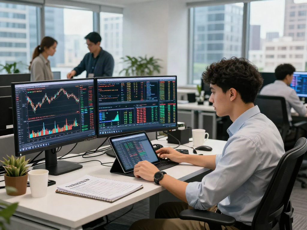 Focused professional analyzing slot 5k qris trends in a vibrant financial office.
