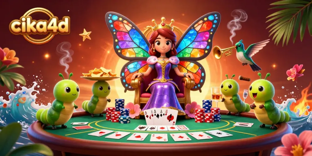 Engage with cika4d's vibrant casino scene featuring a butterfly queen and poker elements.