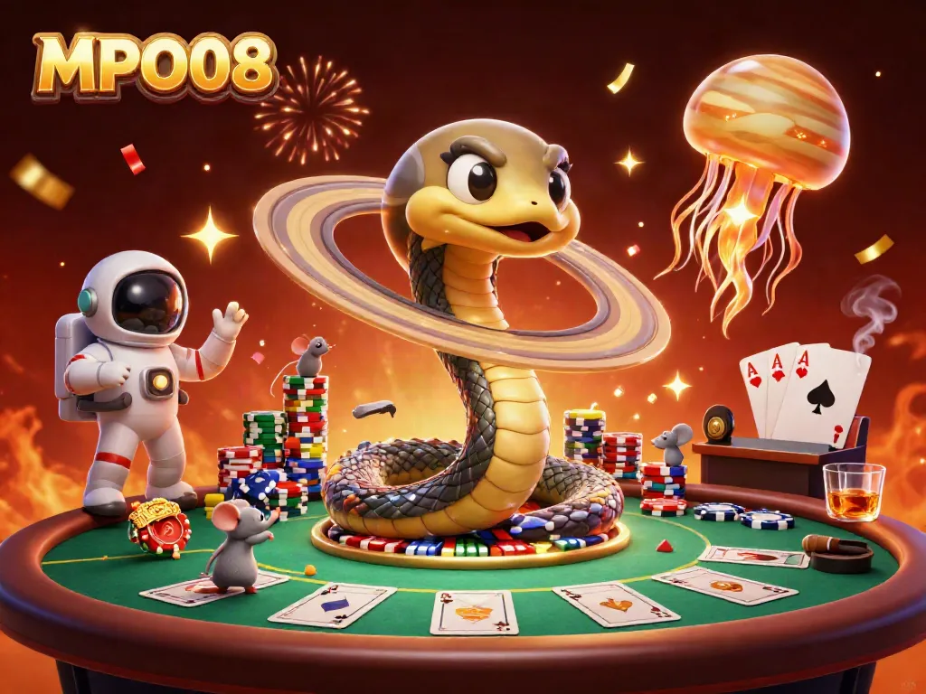 Experience MPO08 as a cosmic dealer in a vibrant casino scene with animated characters and colorful elements.