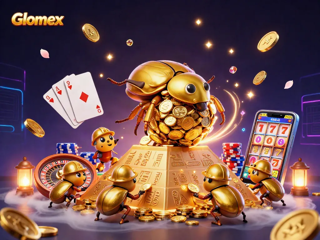 Engage in thrilling gaming adventures with Glomex through vibrant 3D casino illustration featuring colossal gold elements.