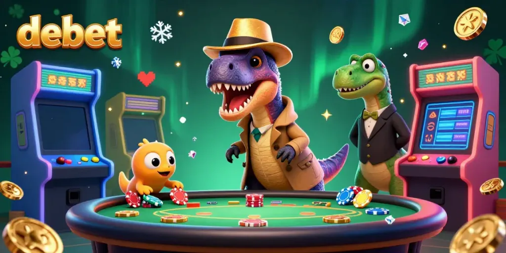 Engaging scene with debet theme: velociraptor card counter, stegosaurus pit boss, and compy pickpocket at a vibrant blackjack table.