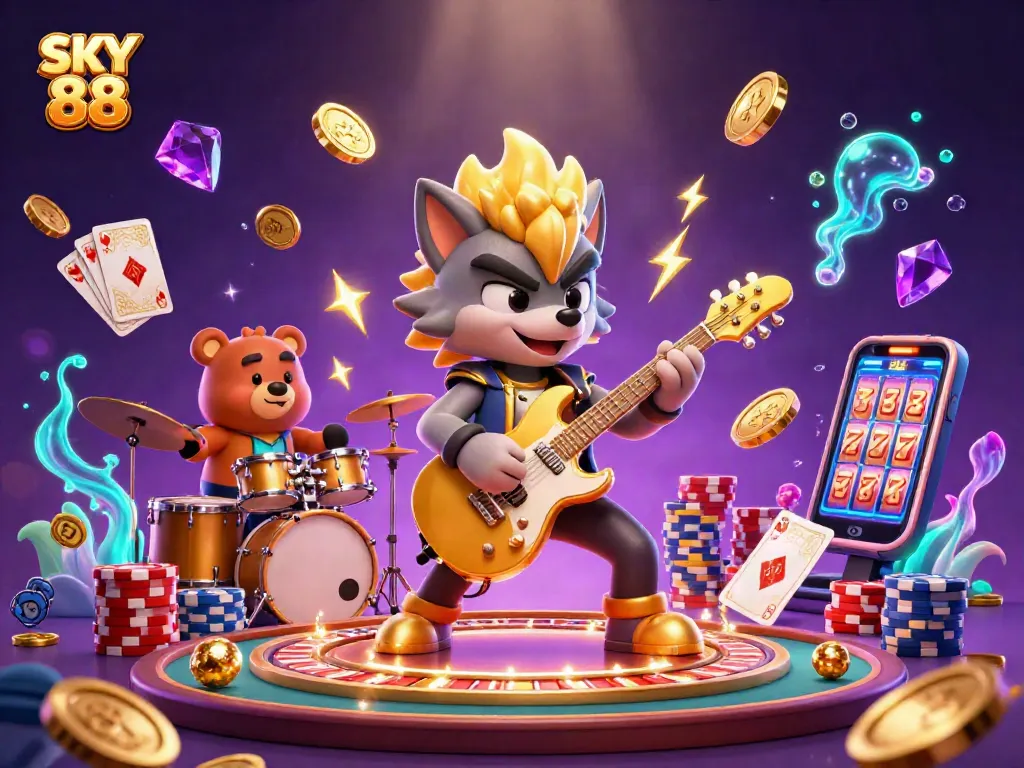 Experience thrilling gaming action with SKY 88 featuring lively characters and casino elements.