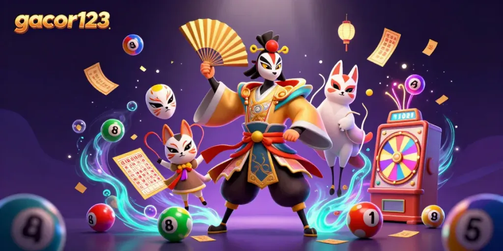 Engage with gacor123 for thrilling lottery and gaming adventures featuring colorful elements and dynamic characters.