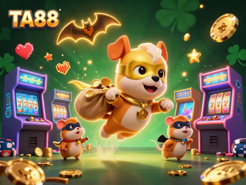 Experience the thrill of TA88's gold coin adventures with a superhero dog and sidekick in a casino-themed illustration.
