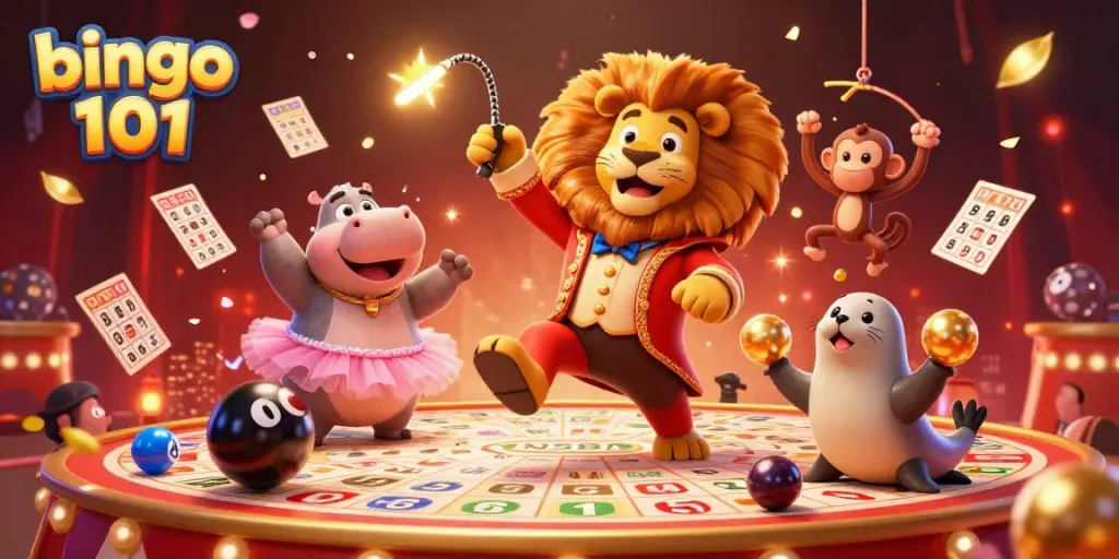 Bingo 101 interactive gaming scene featuring animated characters celebrating wins with colorful Bingo cards.