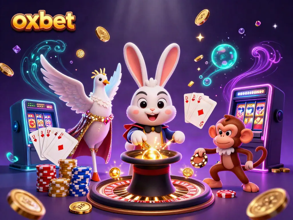 Engage with the winning magic of OXBET as a cartoon rabbit conjures coins while a dove and monkey enhance the excitement.