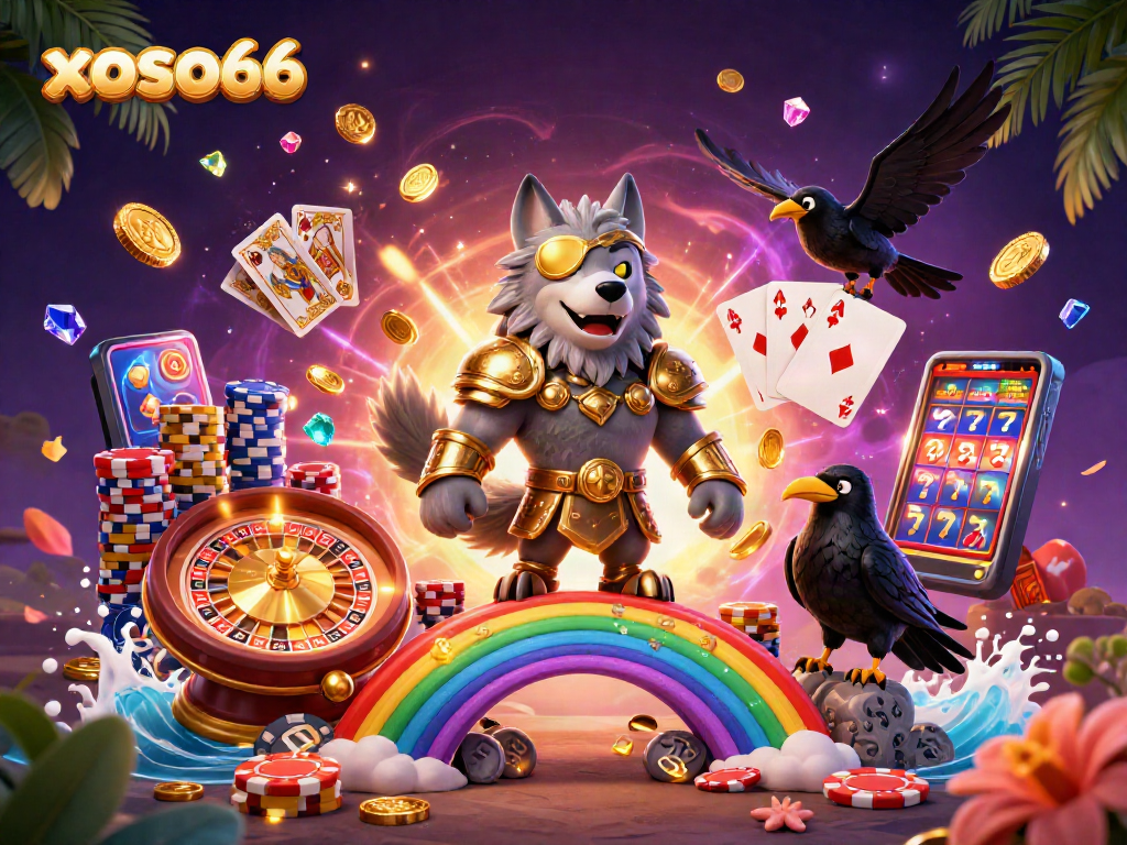 Xoso66 showcases dynamic casino adventure with Odin and ravens amidst golden chips and slot reels.