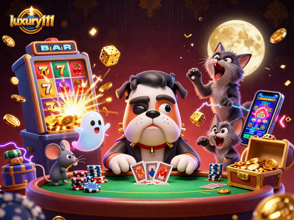 Experience luxury111 in a thrilling poker scene with a Frankenstein bulldog dealer and exciting casino elements.