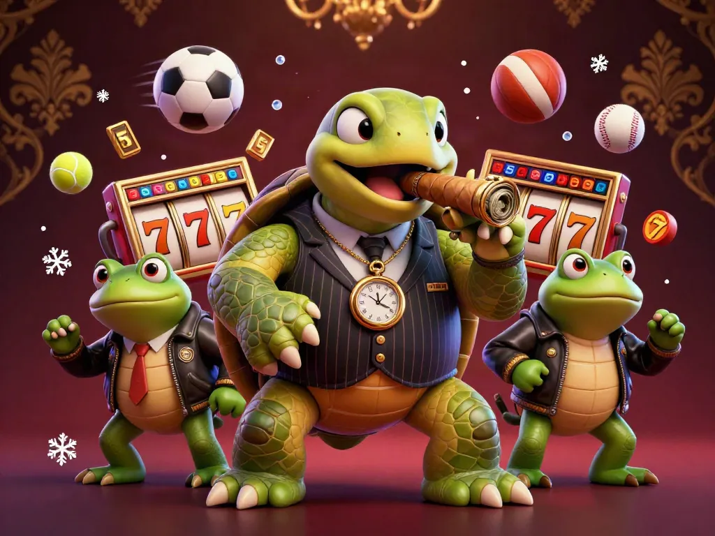 Hitclub's vibrant gaming scene showcases a snapping turtle mobster and bullfrogs, surrounded by dynamic slot machine elements.