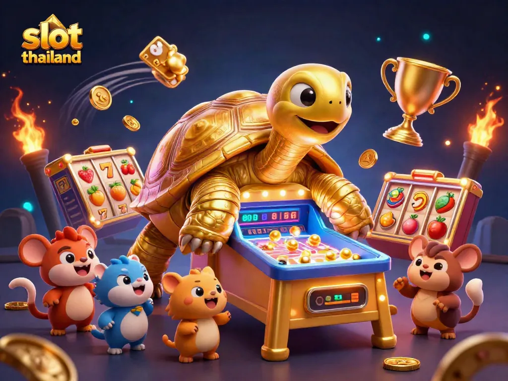 Spin the reels in this vibrant slot thailand illustration featuring a golden tortoise and dynamic symbols.