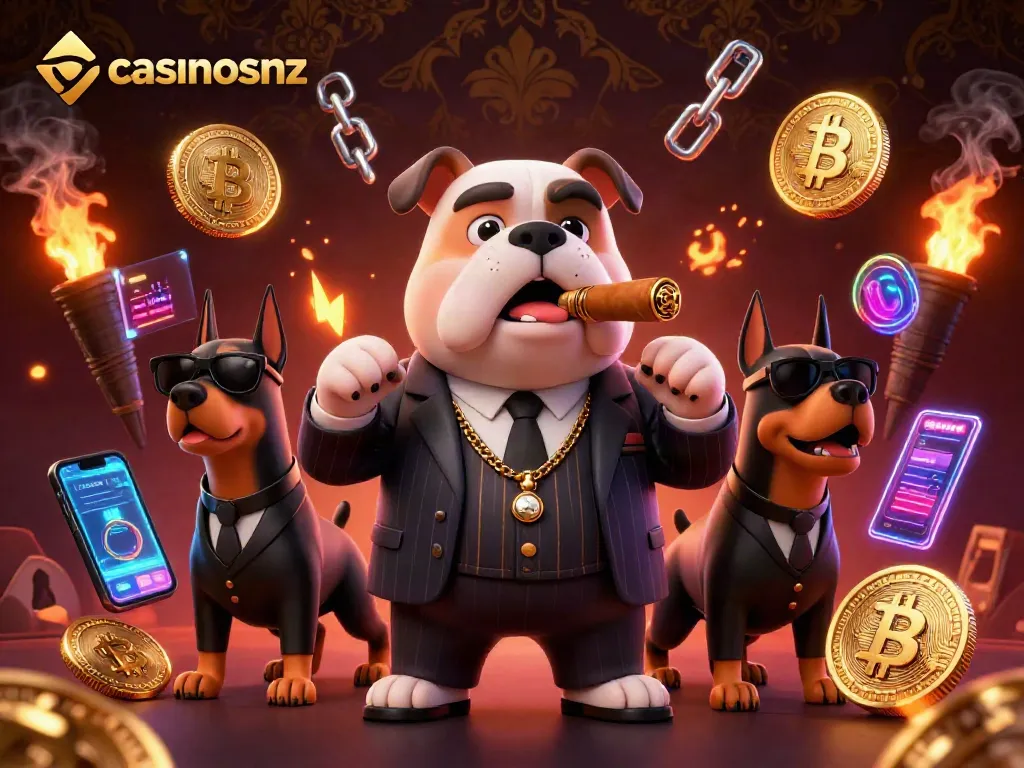 Engage with casinosnz in an exciting gaming scene featuring a mafia bulldog and crypto coins.