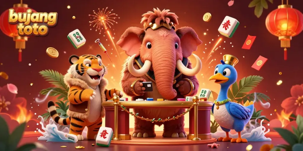 Engage with bujang toto at an animated casino scene featuring a woolly mammoth, saber-tooth tiger, and vibrant decorations.