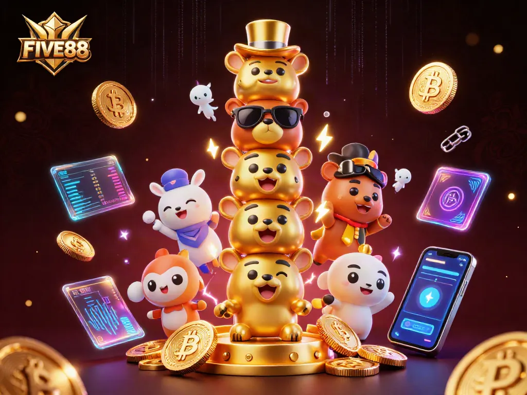 Engage with FIVE88's vibrant 3D casino experience featuring unique cartoon totems and crypto elements.