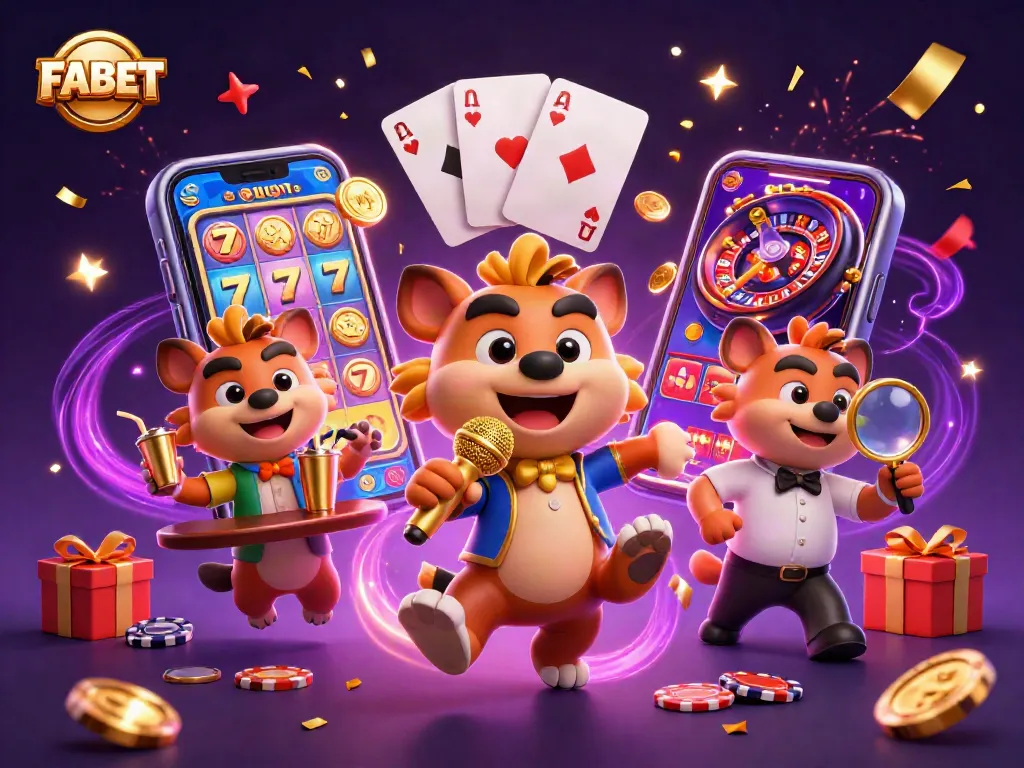 FABET ignites fun in a vibrant casino scene with hyena characters in action.