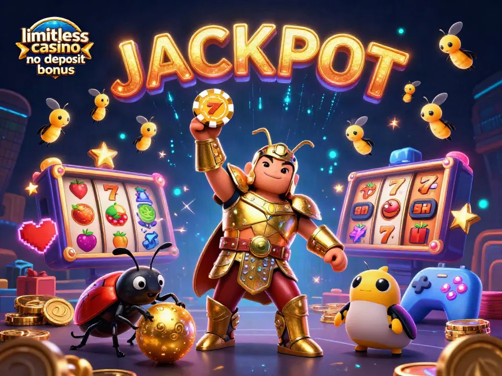 Engaging illustration showcasing limitless casino no deposit bonus with beetle characters celebrating jackpot victories.