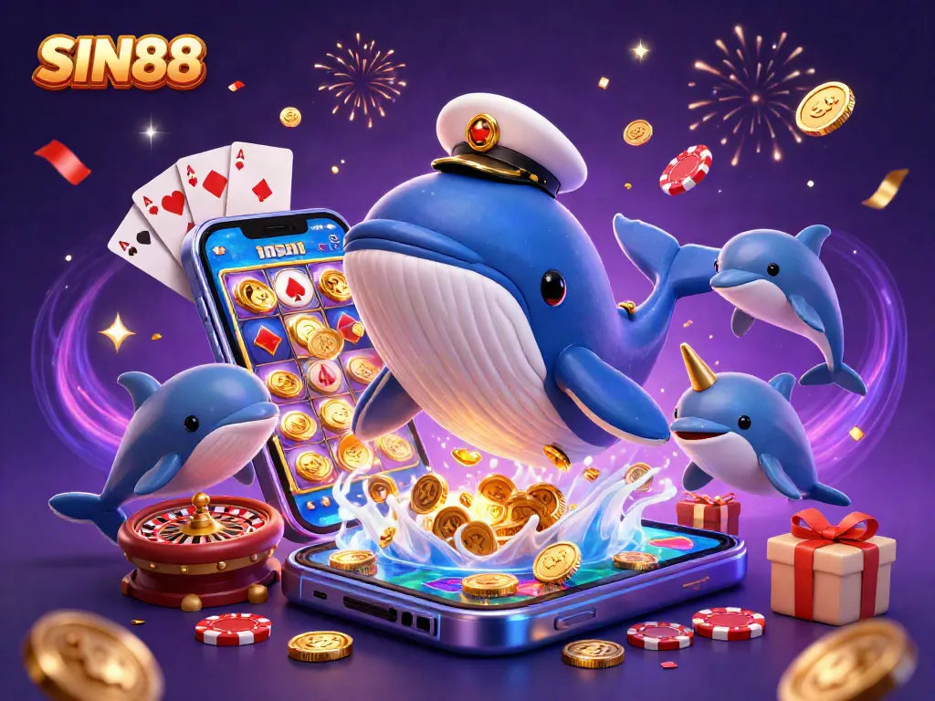 SIN88 showcases a charming whale and playful dolphins amidst golden coins and vibrant casino elements.