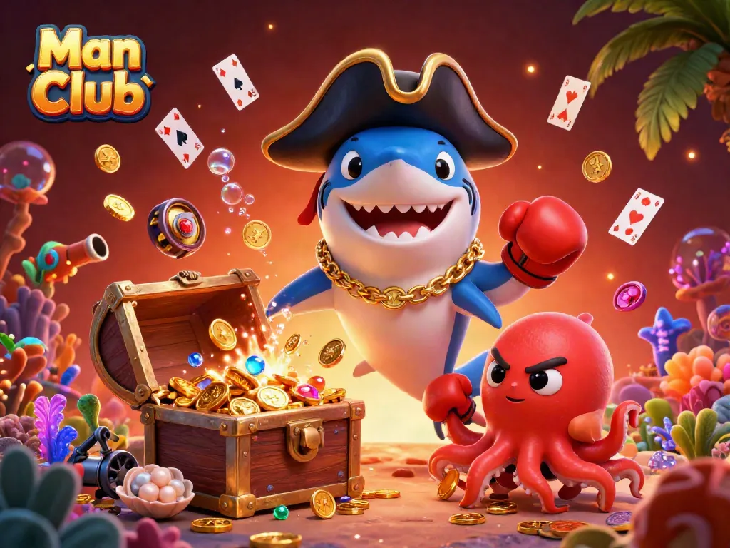 Experience winning thrills at Man Club with dynamic underwater casino-themed 3D illustration featuring pirate shark, pufferfish, and octopus.